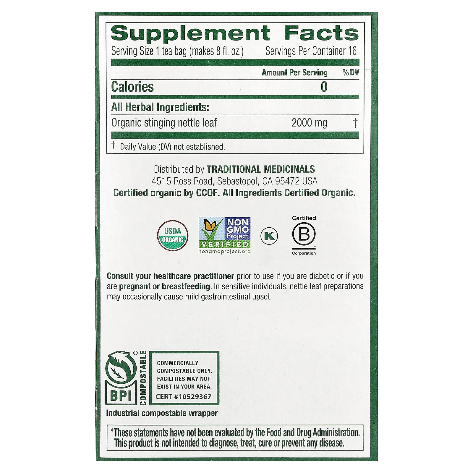 Organic Nettle Leaf, Caffeine Free, 16 Wrapped Tea Bags, 1.13 oz (32 g)