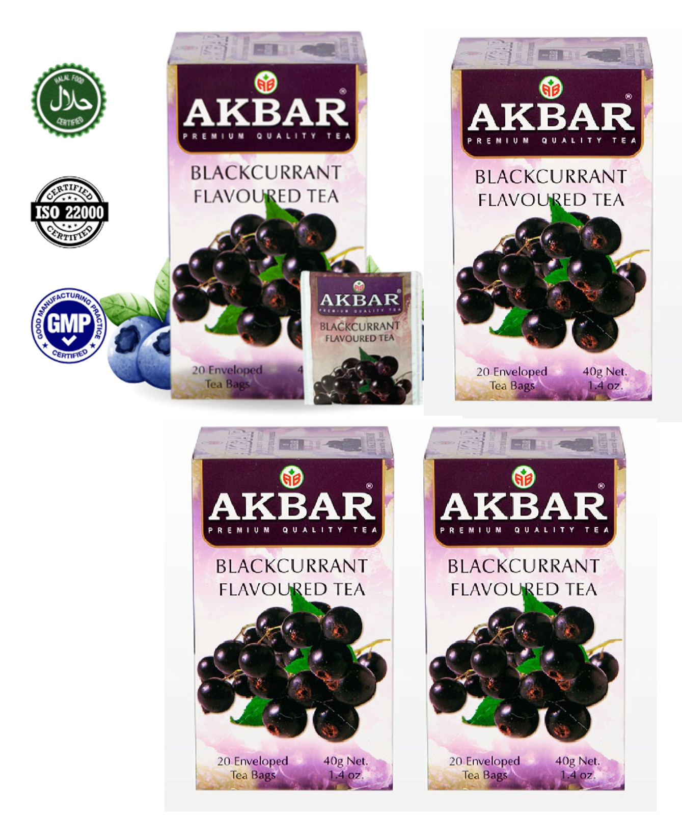 4 PACK Akbar Herbal Tea BLACK CURRANT x 20 Tea Bags Made in Sri Lanka