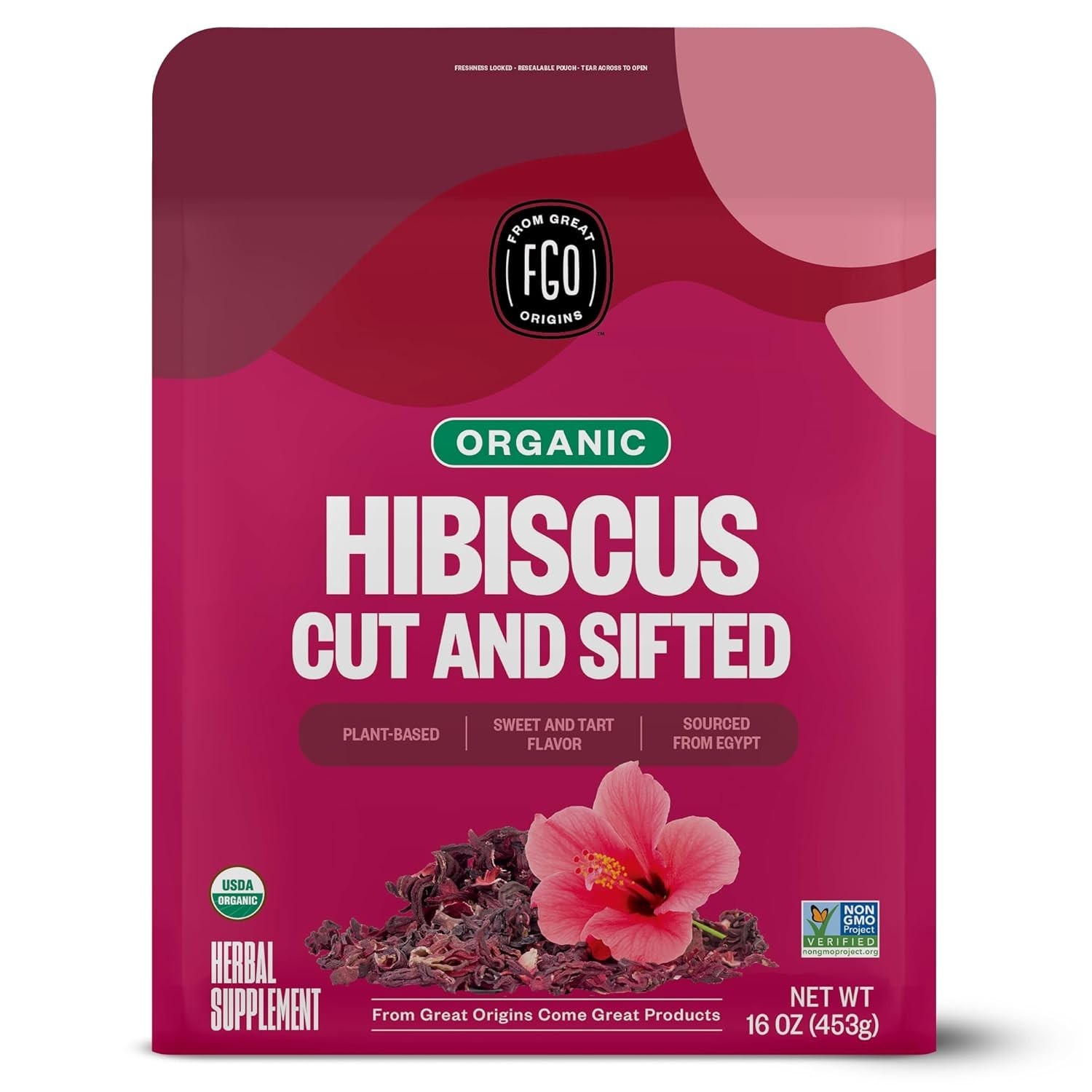 Organic Hibiscus Flowers, Cut and Sifted, 16oz Bulk Resealable Bag, Packaging…