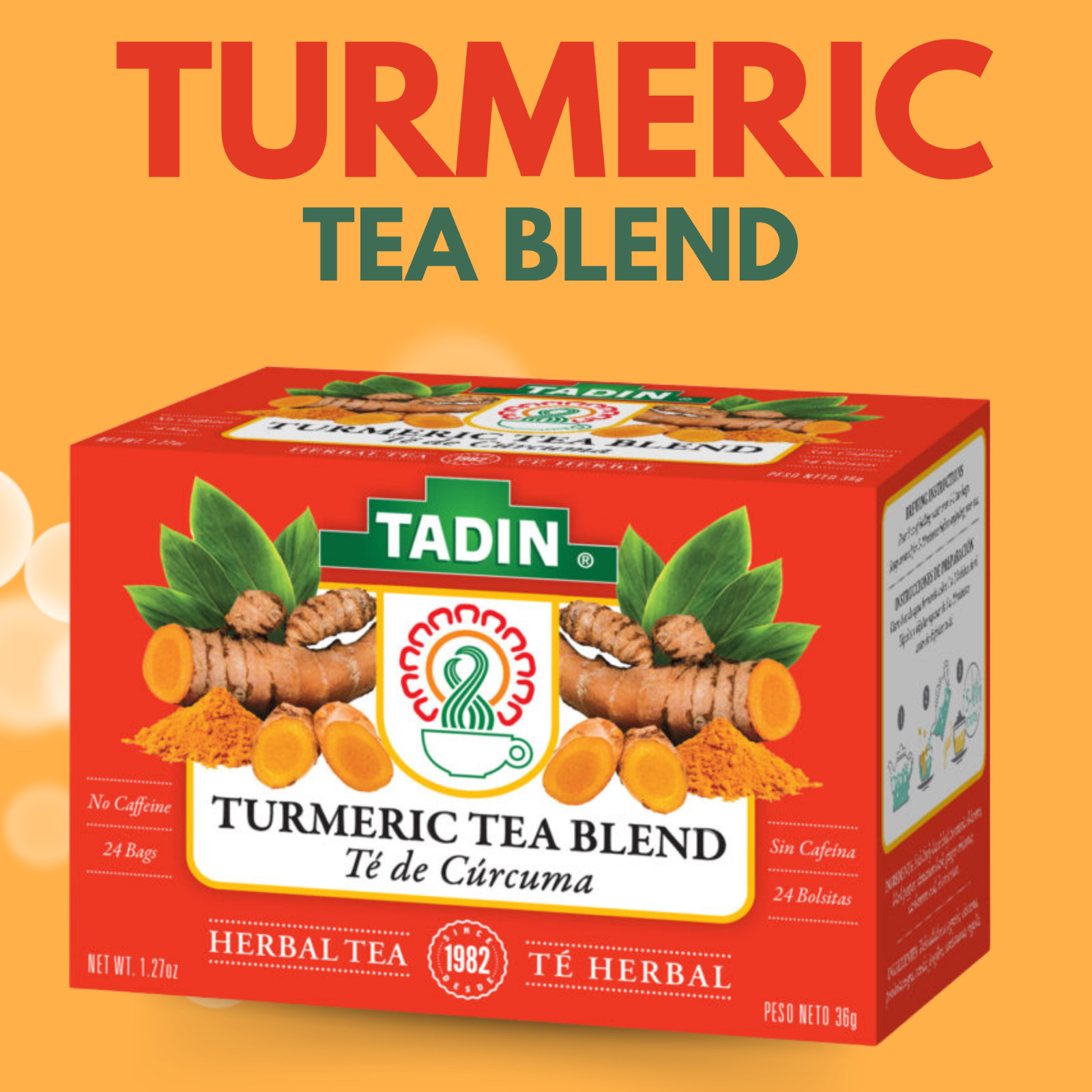 Tadin Turmeric Herbal Tea, 24 Bags 1.27fl oz, Smooth & Aromatic (6-Pack)