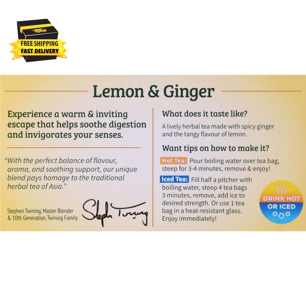 Lemon & Ginger Herbal Tea Individually Wrapped Bags, 20 Count (Pack of 1), Tangy
