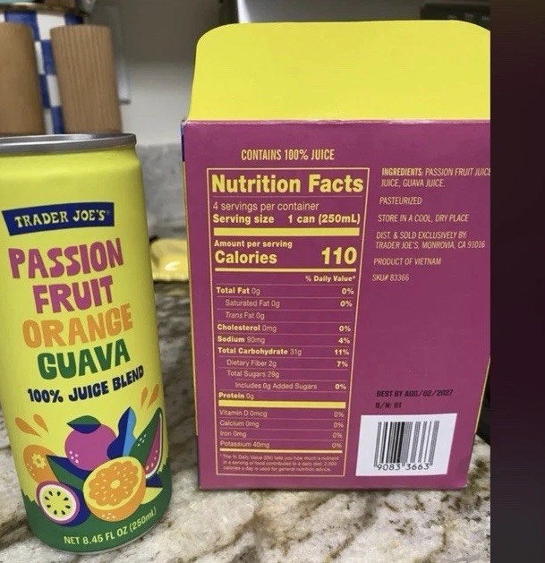 TRADER JOE’S PASSION FRUIT ORANGE GUAVA 100% JUICE BLEND 4 – 8.45 fl oz Can