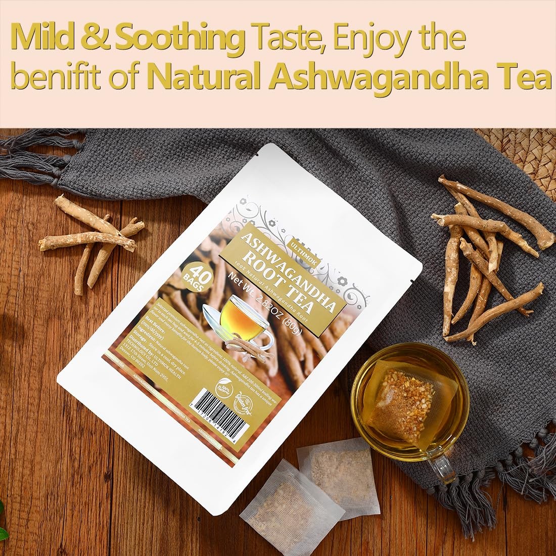 Premium 40 Ashwagandha Tea Bags, Made with 100% Wild Ashwagandha Root, No Additi