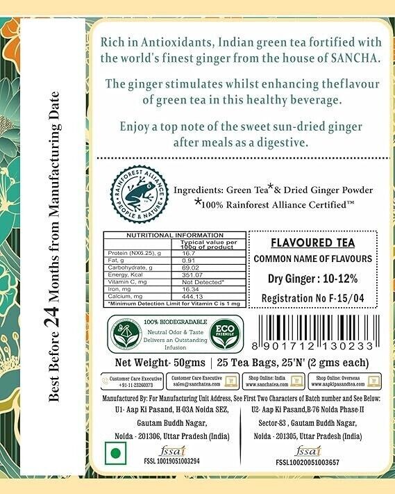 SAN CHA Ginger Green Tea, 25 Pyramid Tea Bags, Real Adrak Chai, Immunity.