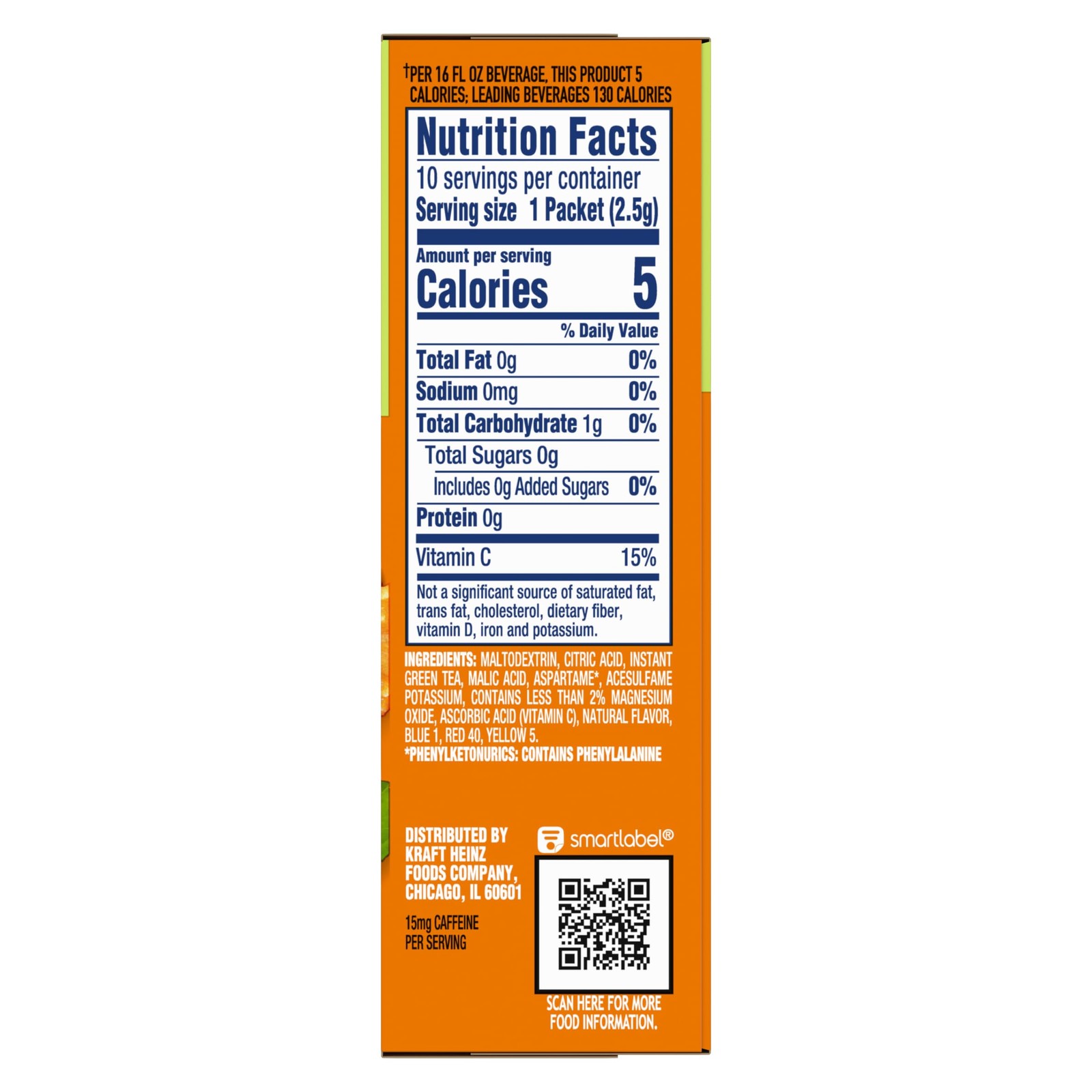 Crystal Light On The Go Peach Mango Green Tea Drink 0.8 Ounce (Pack of 15)