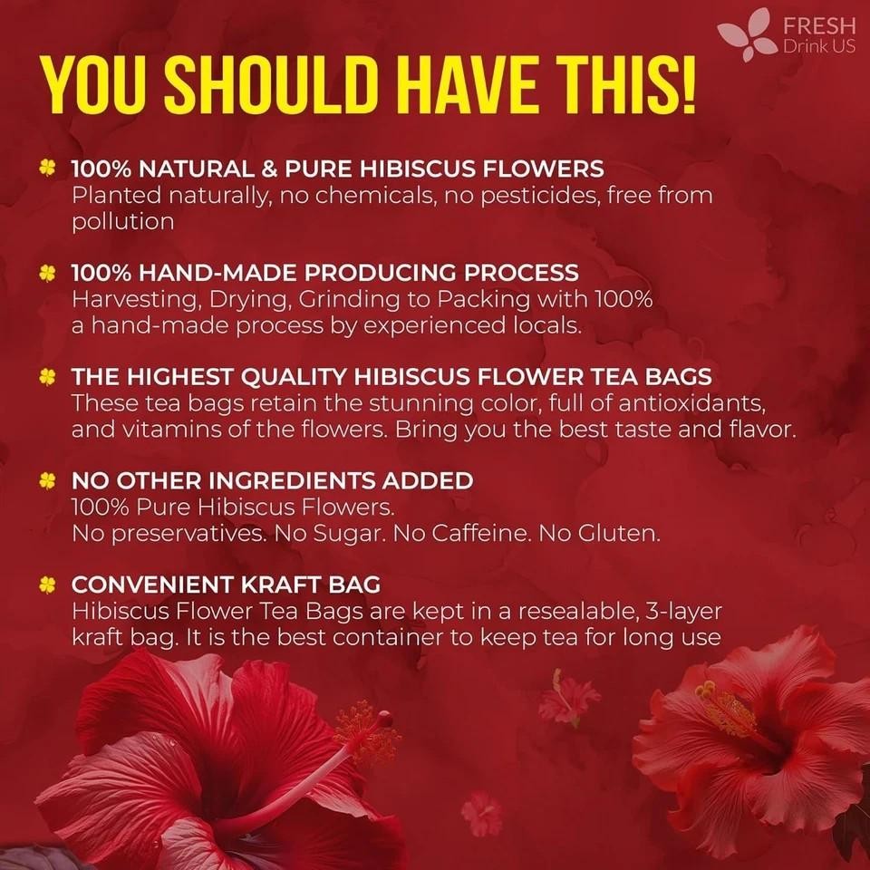 , Premium 140 Hibiscus Flowers Tea Bags, 100% Natural, Handmade & Pure from Hibi