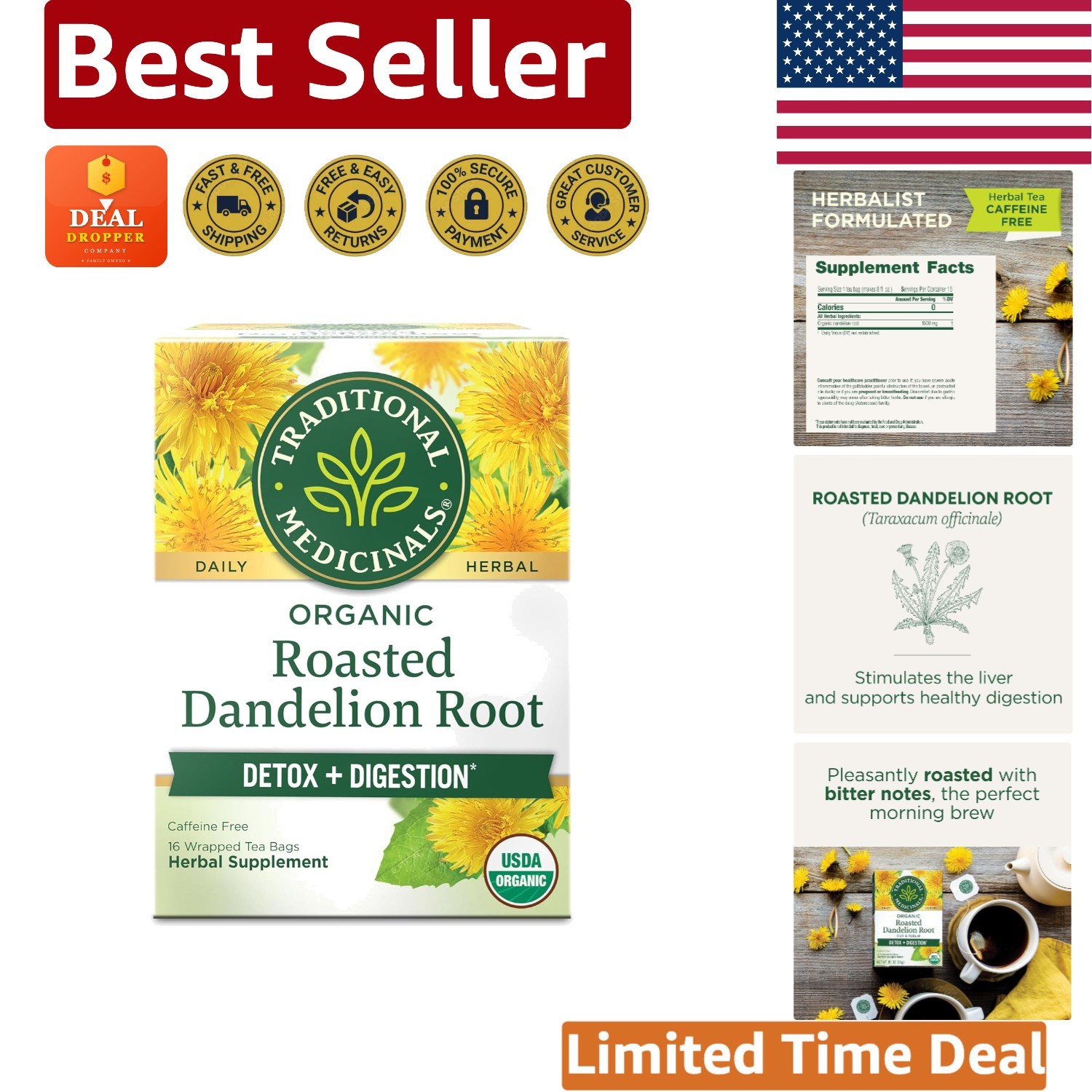 Organic Roasted Dandelion Root Tea – 16 Bags for Detox & Digestive Health
