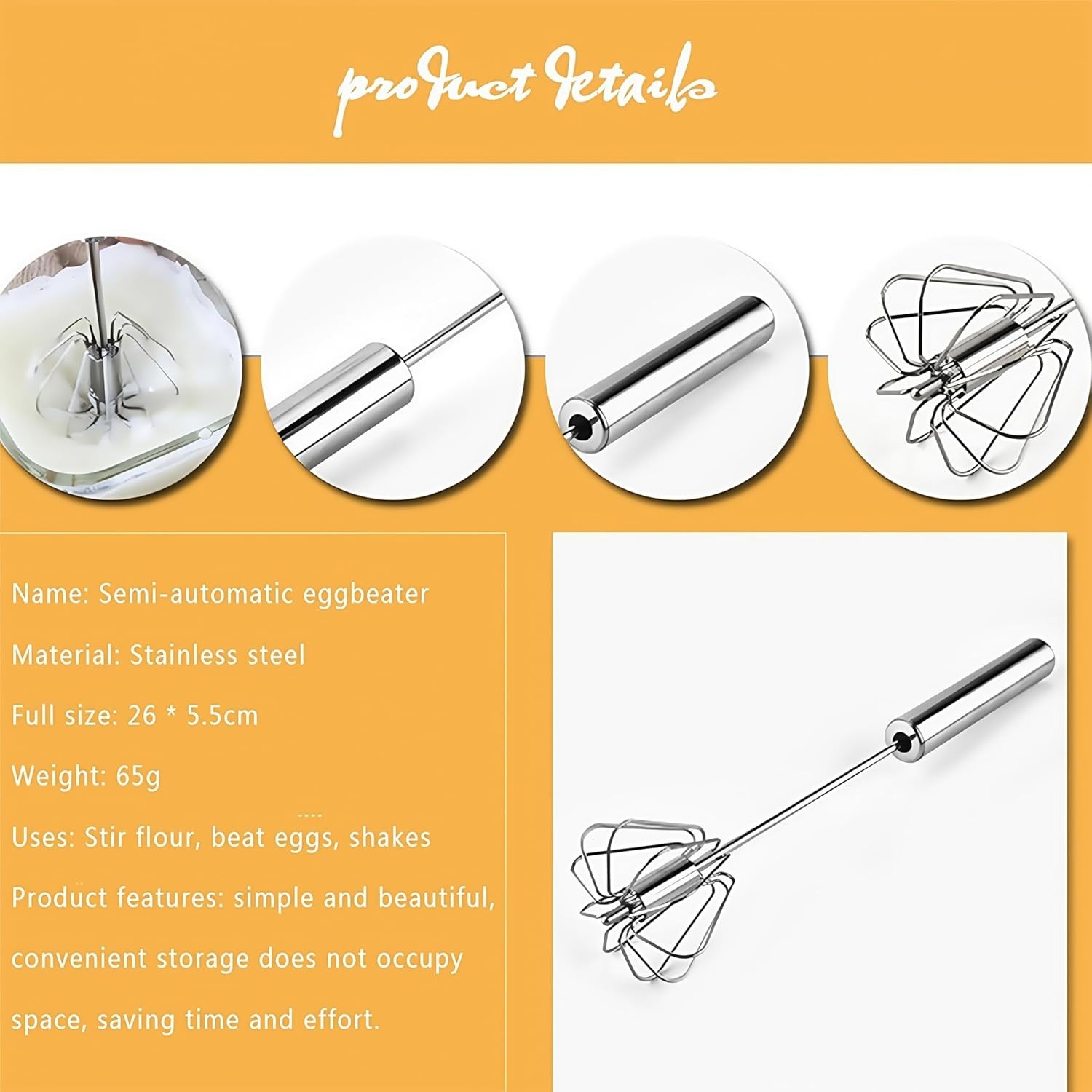 Stainless Steel Egg Whisk, Hand Push Rotary Whisk Blender, 12, Silver