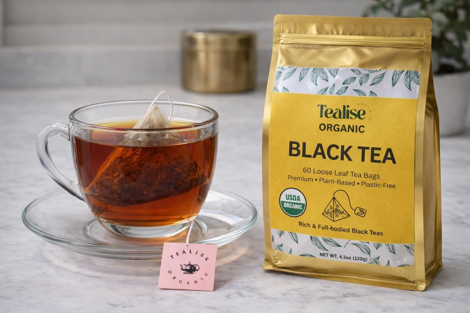 Organic Black Tea Plant-Based & Plastic-Free Tea Bags 60 Servings Premium Who…
