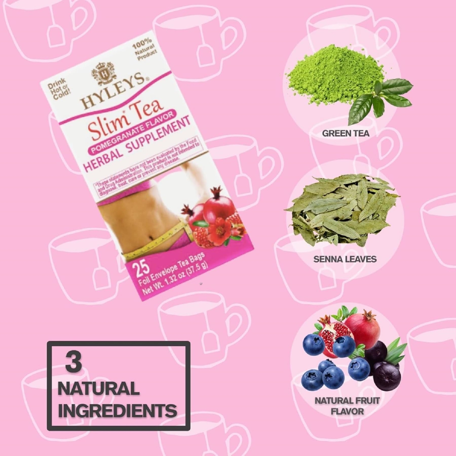 Hyleys Slim Tea Pomegranate Weight Loss Herbal Supplement Cleanse & Detox 25ct