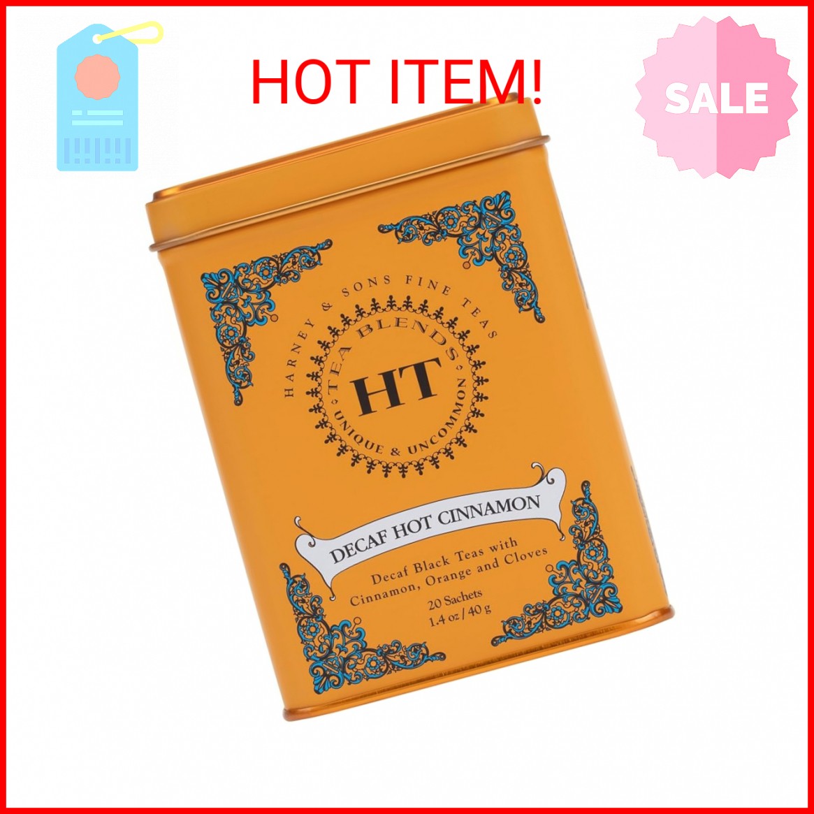 Harney and Sons Decaf Hot Cinnamon , Decaf Flavored Black 20 Sachets per Tin 1.4