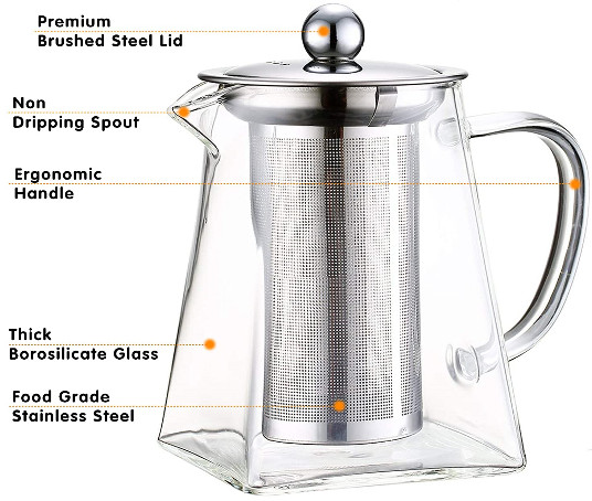Clear Glass Borosilicate Teapot Loose Leaf Tea 25oz Square w/ 304 Infuser