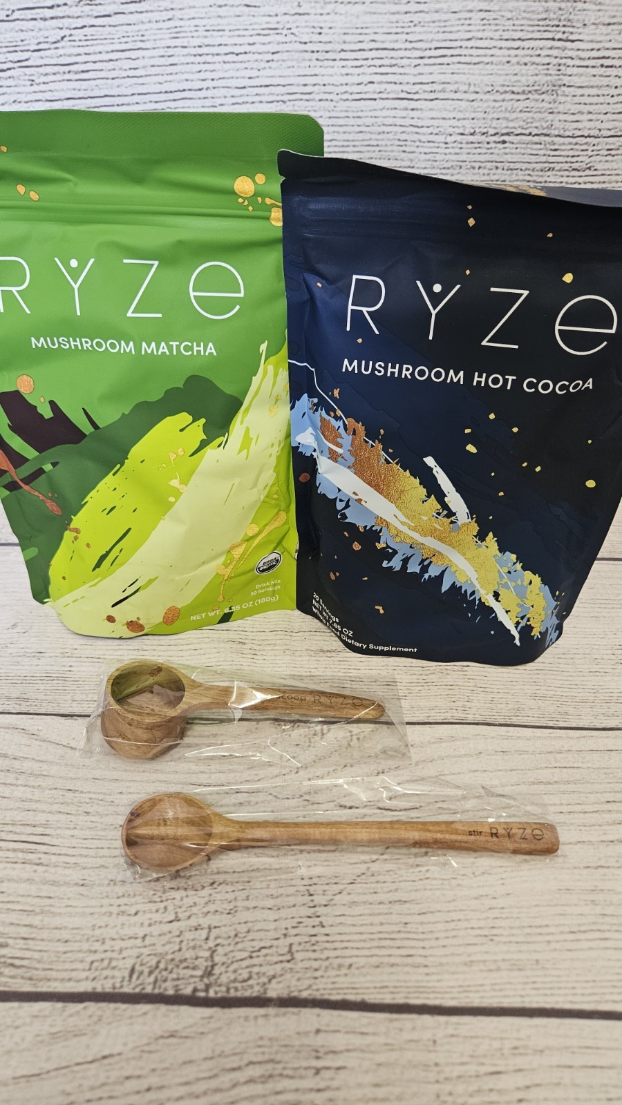 RYZE Mushroom Matcha 6.35oz + Mushroom Hot Cocoa 20 Servings Bundle, Vegan
