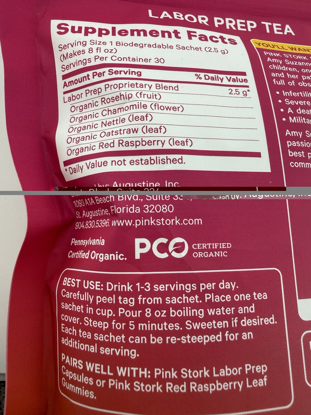 Pink Stork Labor Prep Tea w/ Red Raspberry Leaf + Nettle. Exp – 01/06/2028