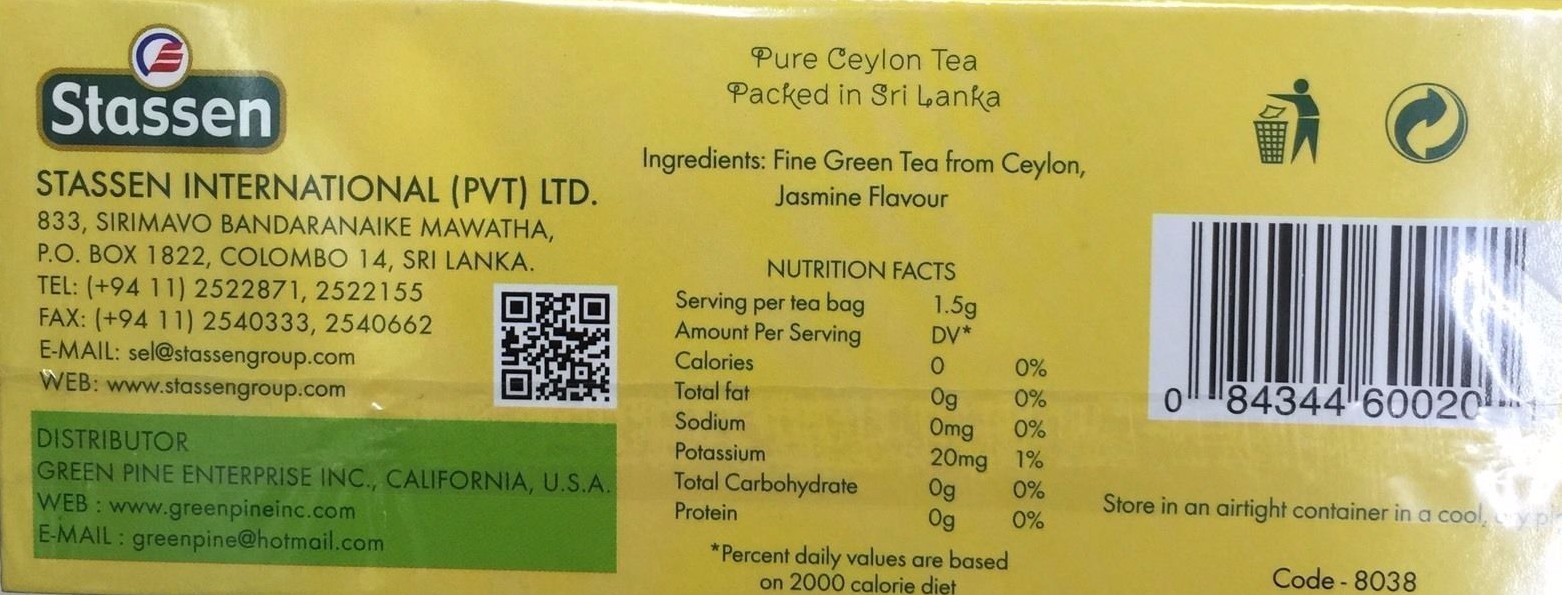 6 / 12 Boxes, Stassen, Jasmine Green Tea, 100 Tea Bags, Quality #1, New Package