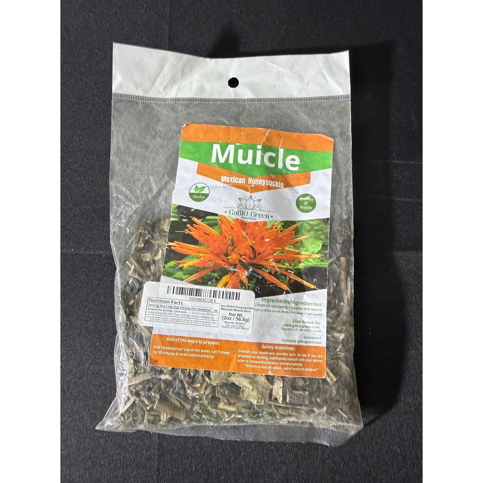 GaBIO Green Muicle Mexican Honeysuckle 2oz Dried Herbs New Justicia Spicigera