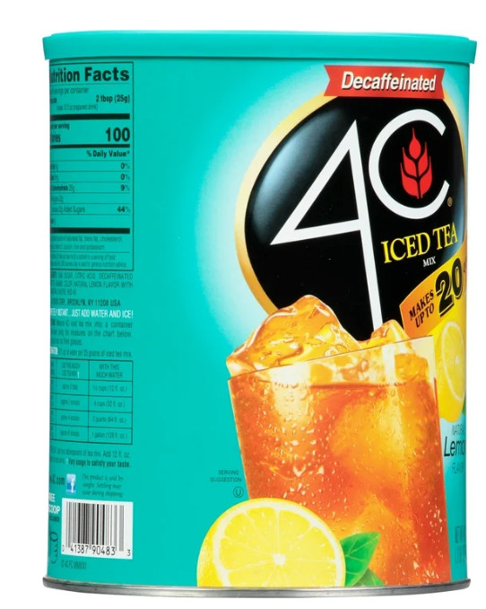 (2 Pack) 4C Decaffeinated Iced Tea Lemon Mix 20 Quarts 47.2 oz ( 4 Lb. Total )