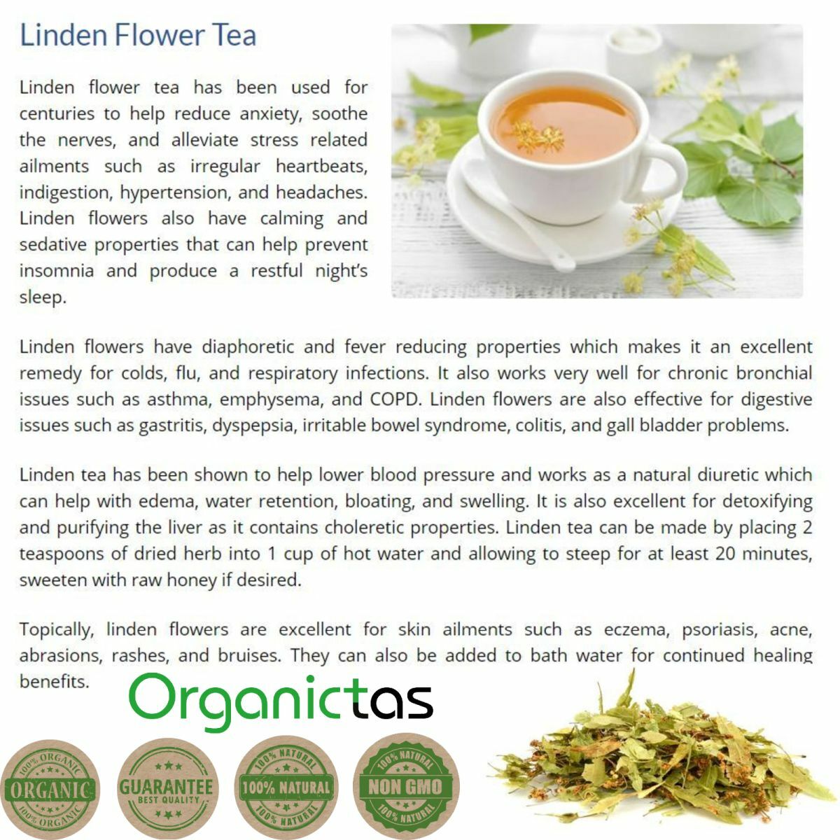 Organic LINDEN FLOWER Tea 2023 Wild Harvest Lime Tree Tilia Premium Quality 100g