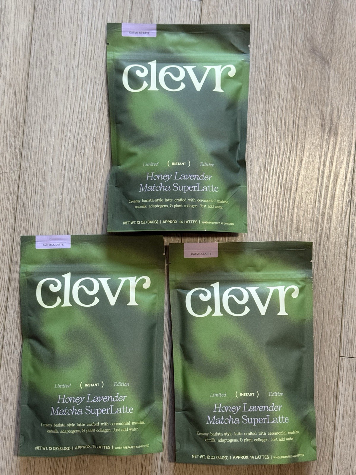 3x Clevr OatMilk Latte Honey Lavender Matcha SuperLatte 12oz Each Bag (3 Pack)