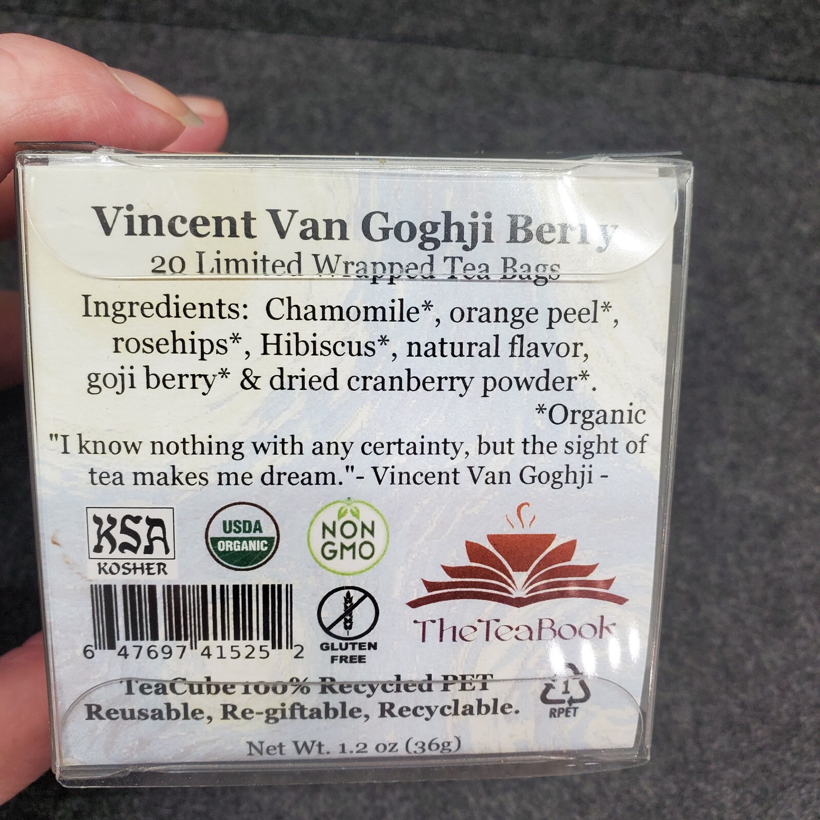 Vincent Van Goghji Berry Tea Bags in Clear Cube The Tea Book Best by 11/26