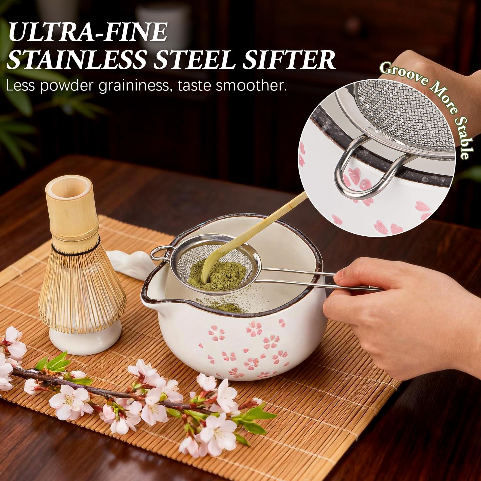 Matcha Whisk Set 7 Pc Ceramic Bowl Bamboo Whisk Holder Scoop Sifter Towel