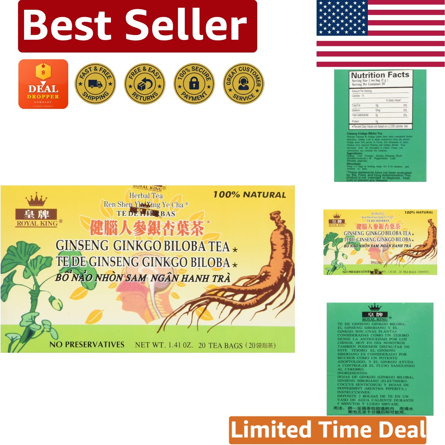 Caffeine-Free Ginseng Ginkgo Biloba Tea – 20 Bags to Enhance Mental Clarity