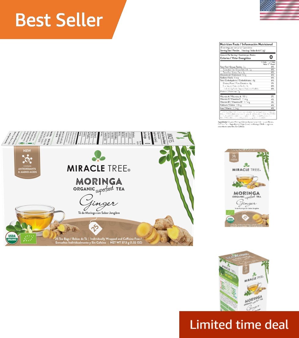 Organic Moringa Tea, 25 Count – Ginger Flavor, Detox & Stress Relief