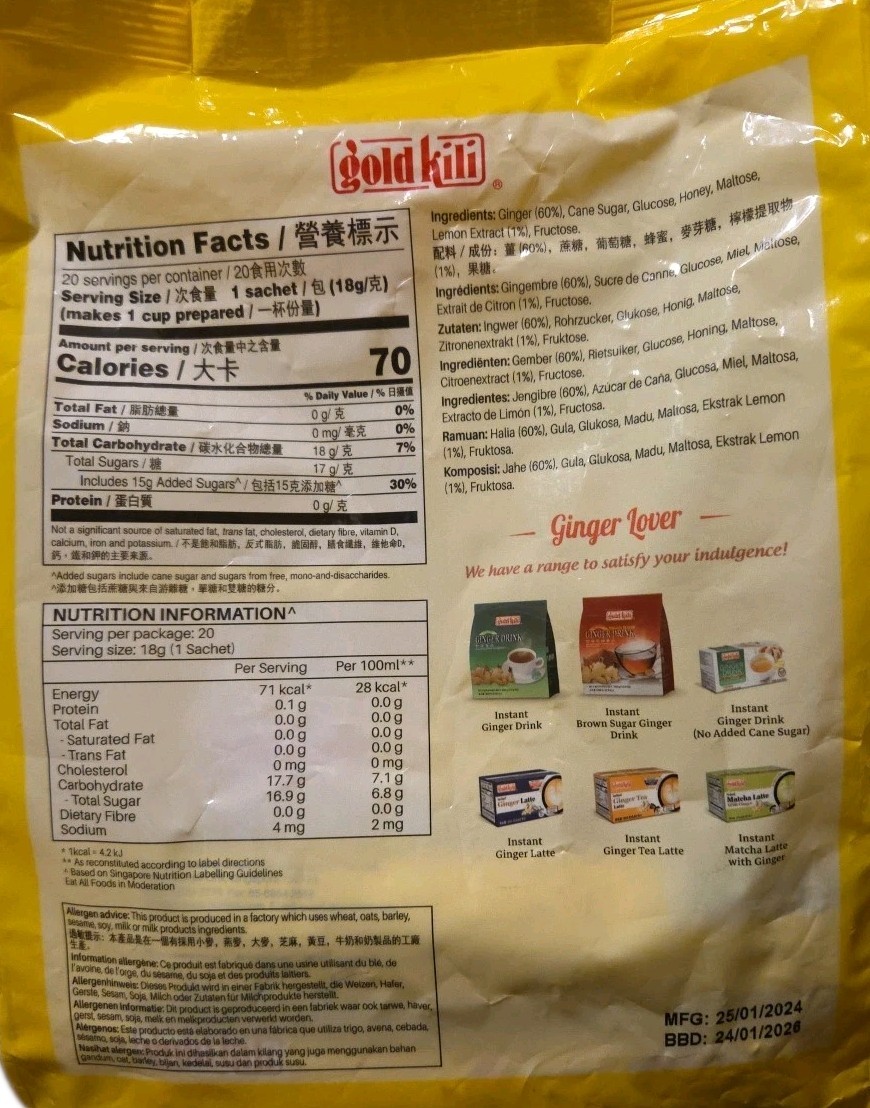 2 BAGS (40 Sachets Total) Gold Kili Instant Ginger Lemon Drink