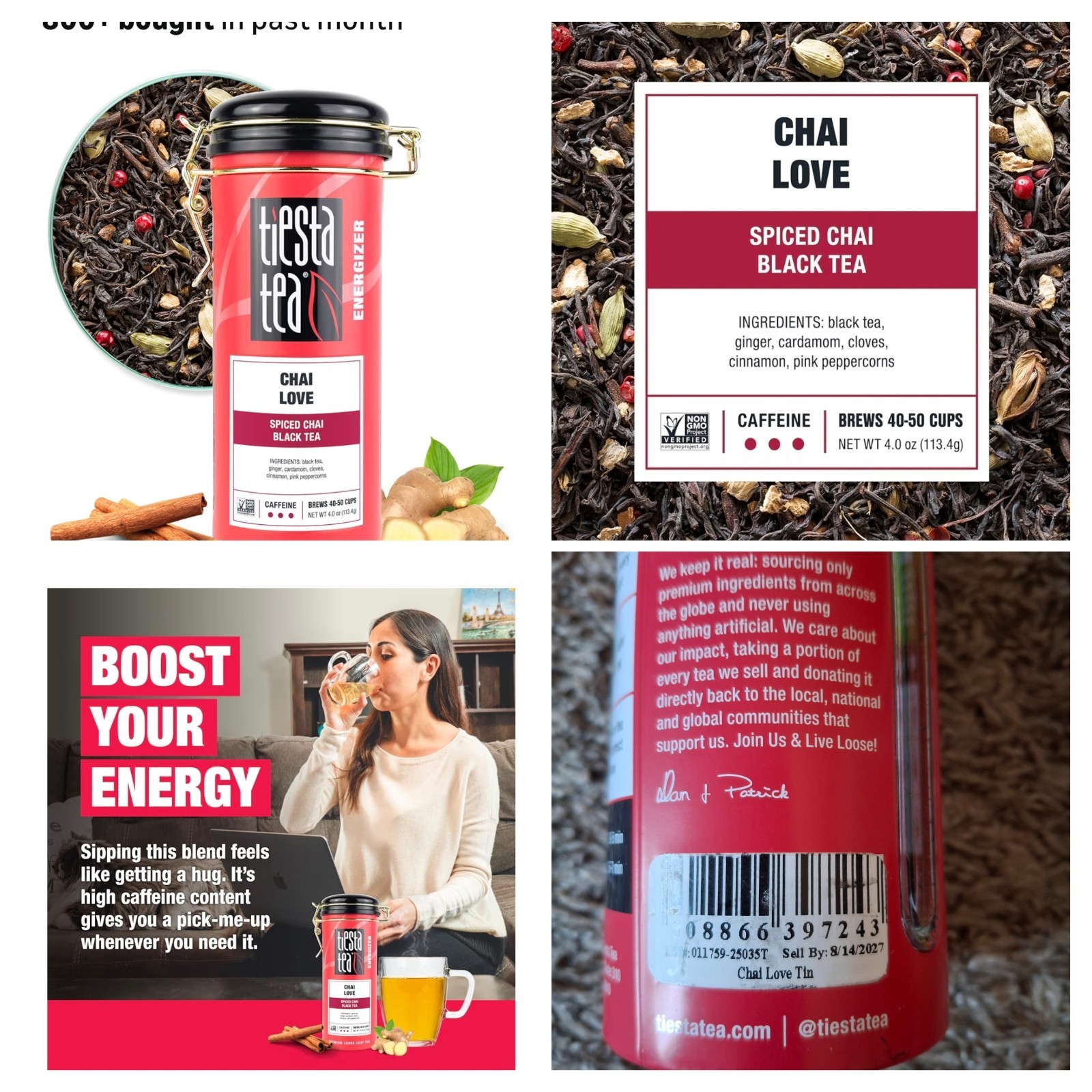 2pc Chai Love Spiced Black Tea & Chinese Jasmine Green Tea Caffeine 40-50 Cups