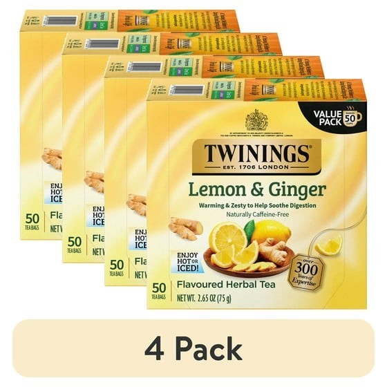 Twinings Lemon & ginger herbal Tea Bags, Caffeine Free, 50 Count Box.