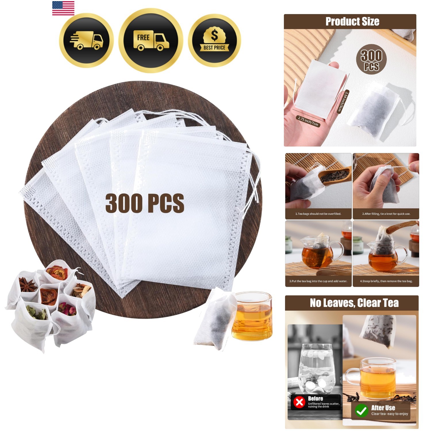 300 Pcs Fillable Tea Bags – Ideal for Tea, Herbs, and Spices, 3.54×2.75