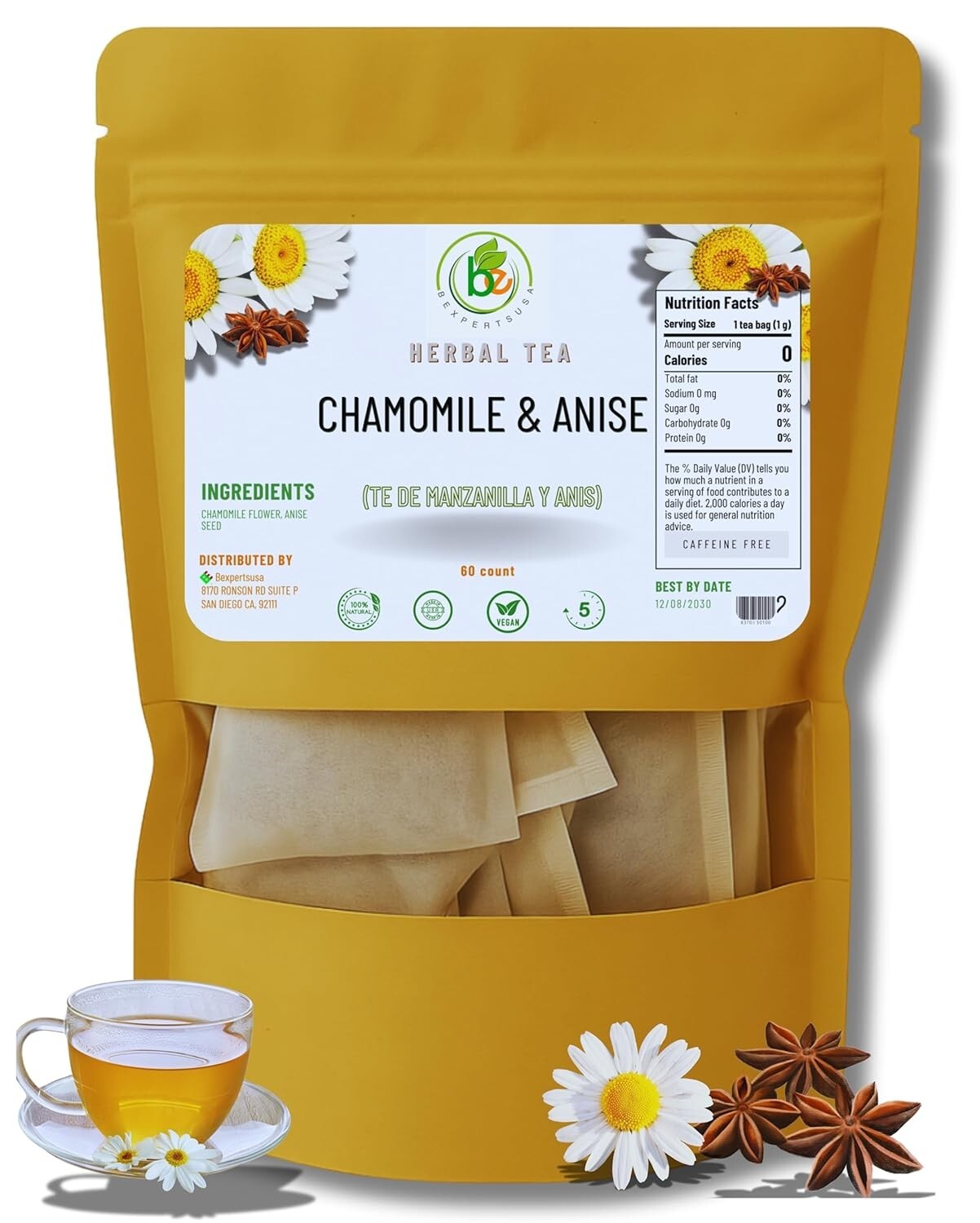 Manzanilla & Anís Té (Chamomile & Anise) – 60 Tea Bags – 100% Natural, Vegan, He