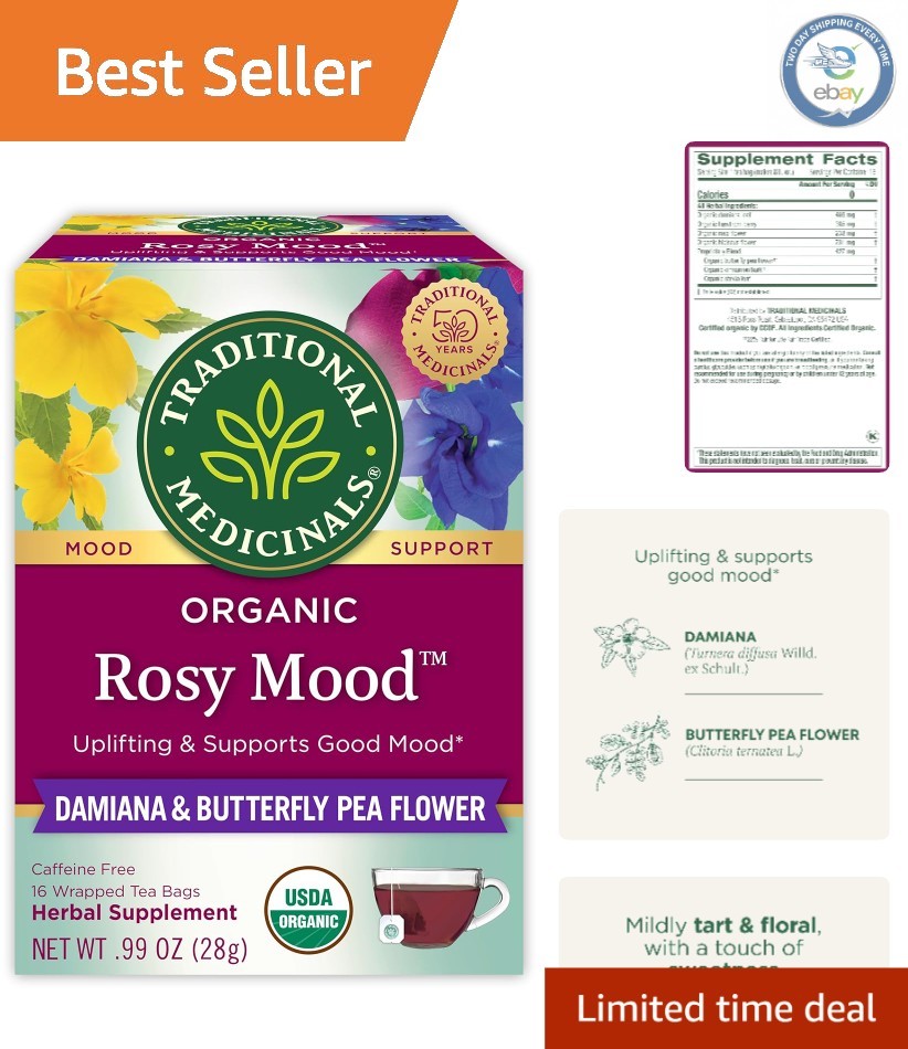 Organic Rosy Mood Tea with Damiana & Butterfly Pea Flower – Mood Support 16 Ct
