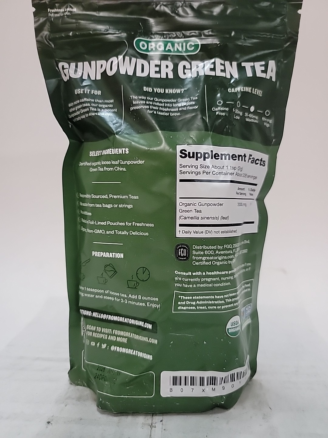 FGO Organic Gunpowder Green Loose Leaf Tea, Resealable Kraft Bag, 16oz, BB7/26