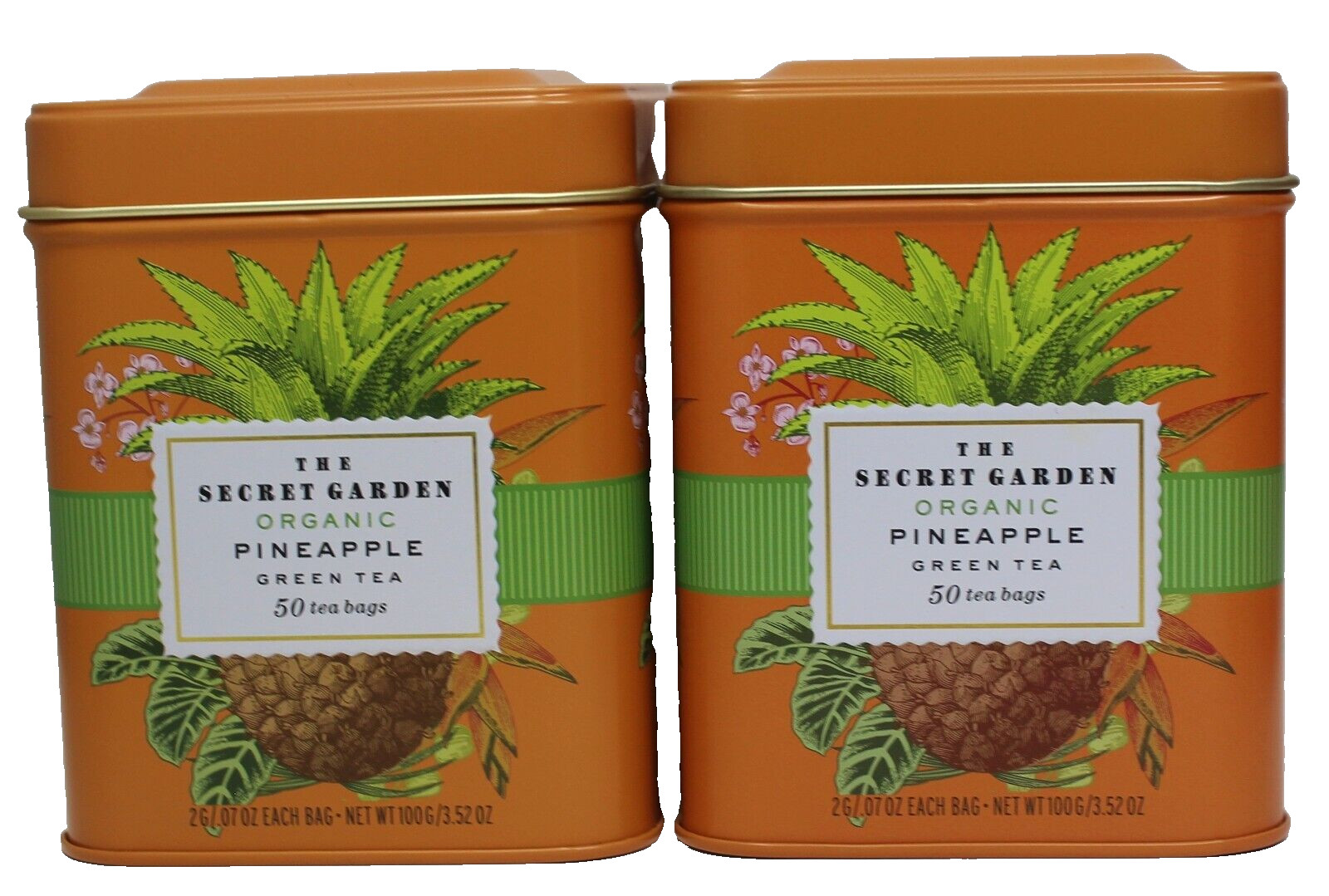 x3 Organic Pineapple Green Tea Secret Garden 50 ea Tea Bags Reusable Tin New