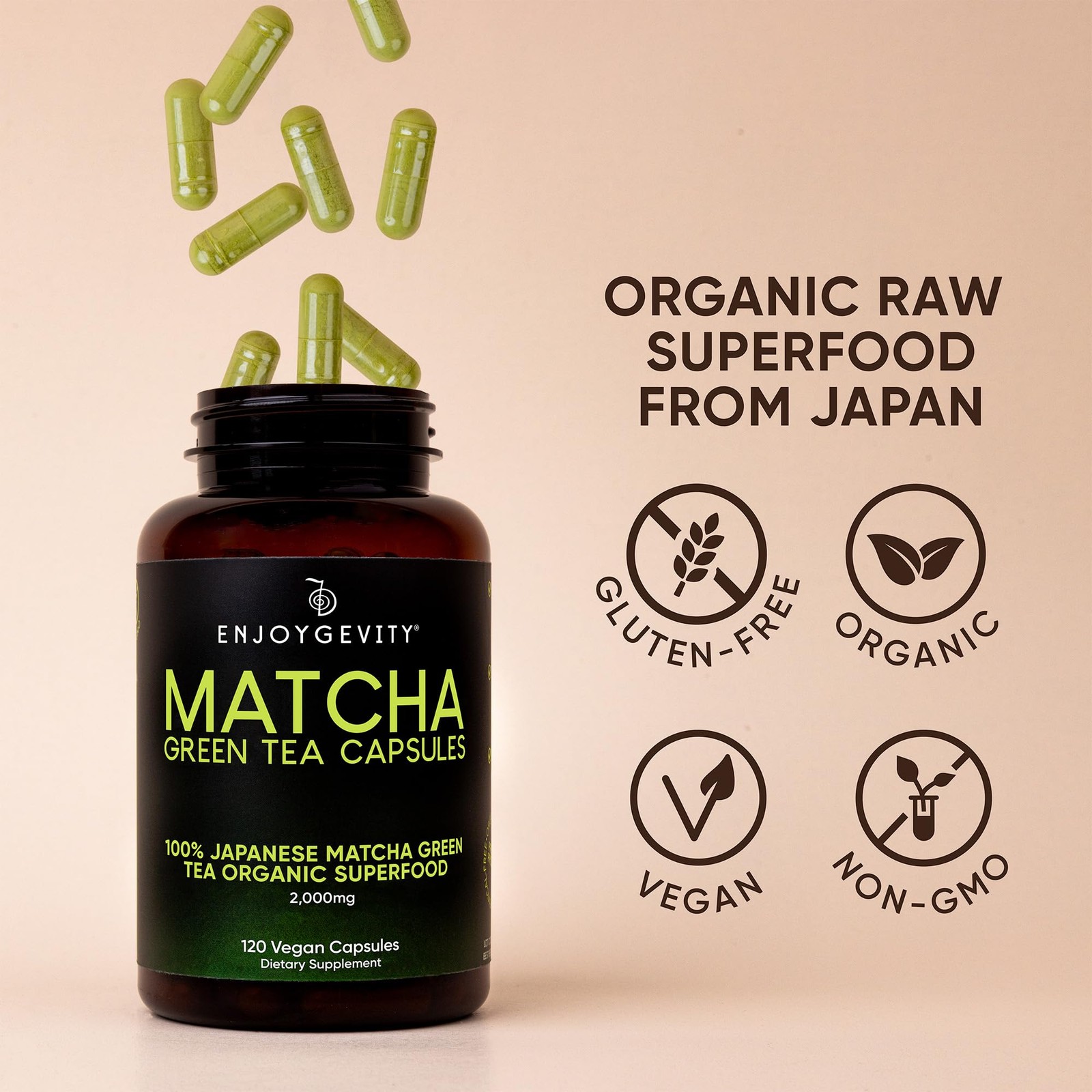 Organic Matcha Green Tea Capsules – Natural Energy 120 Count (Pack of 1)