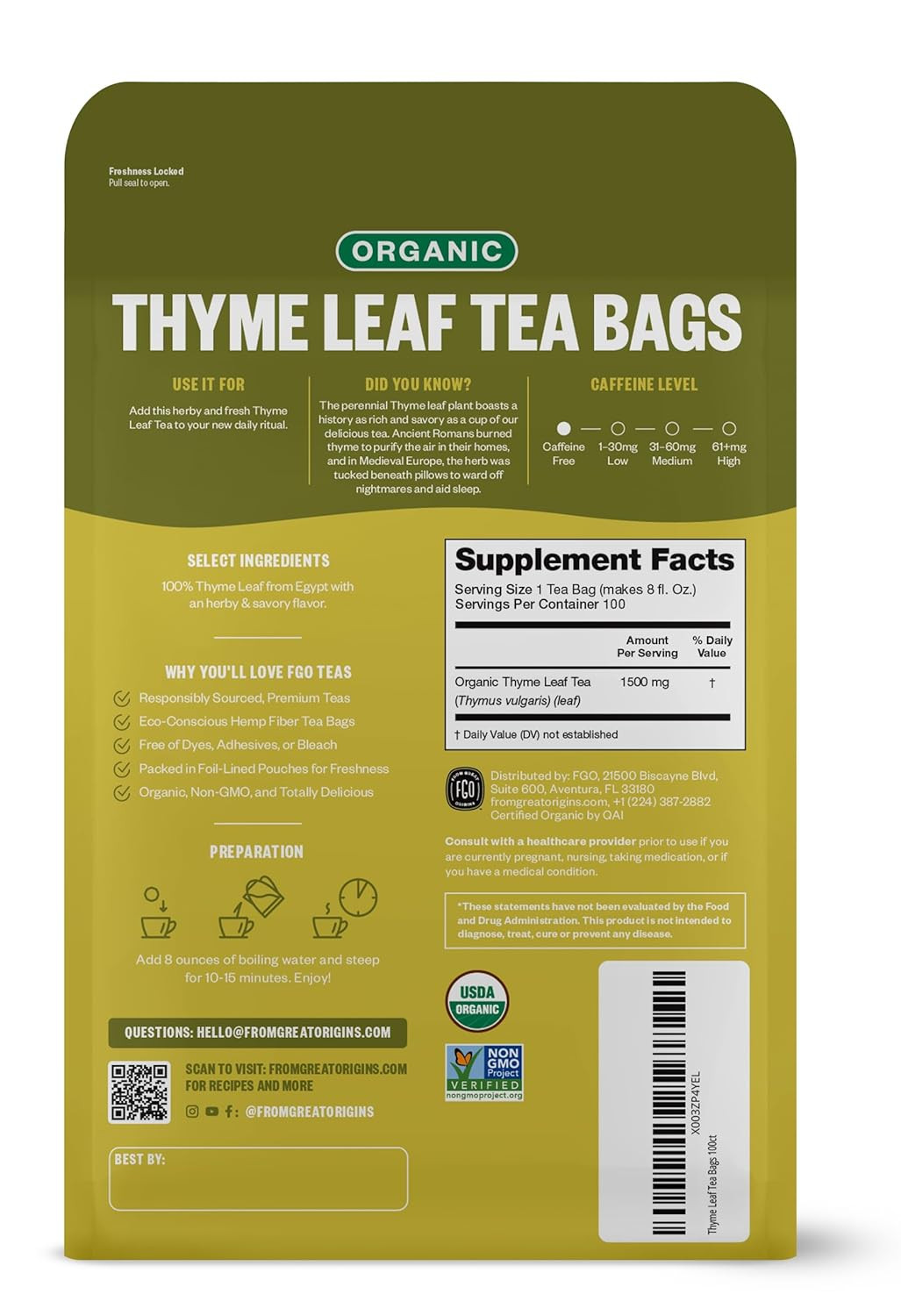 Organic Thyme Leaf Tea, 100 Count, Eco-Conscious Tea Bags, Caffeine Free, Reseal