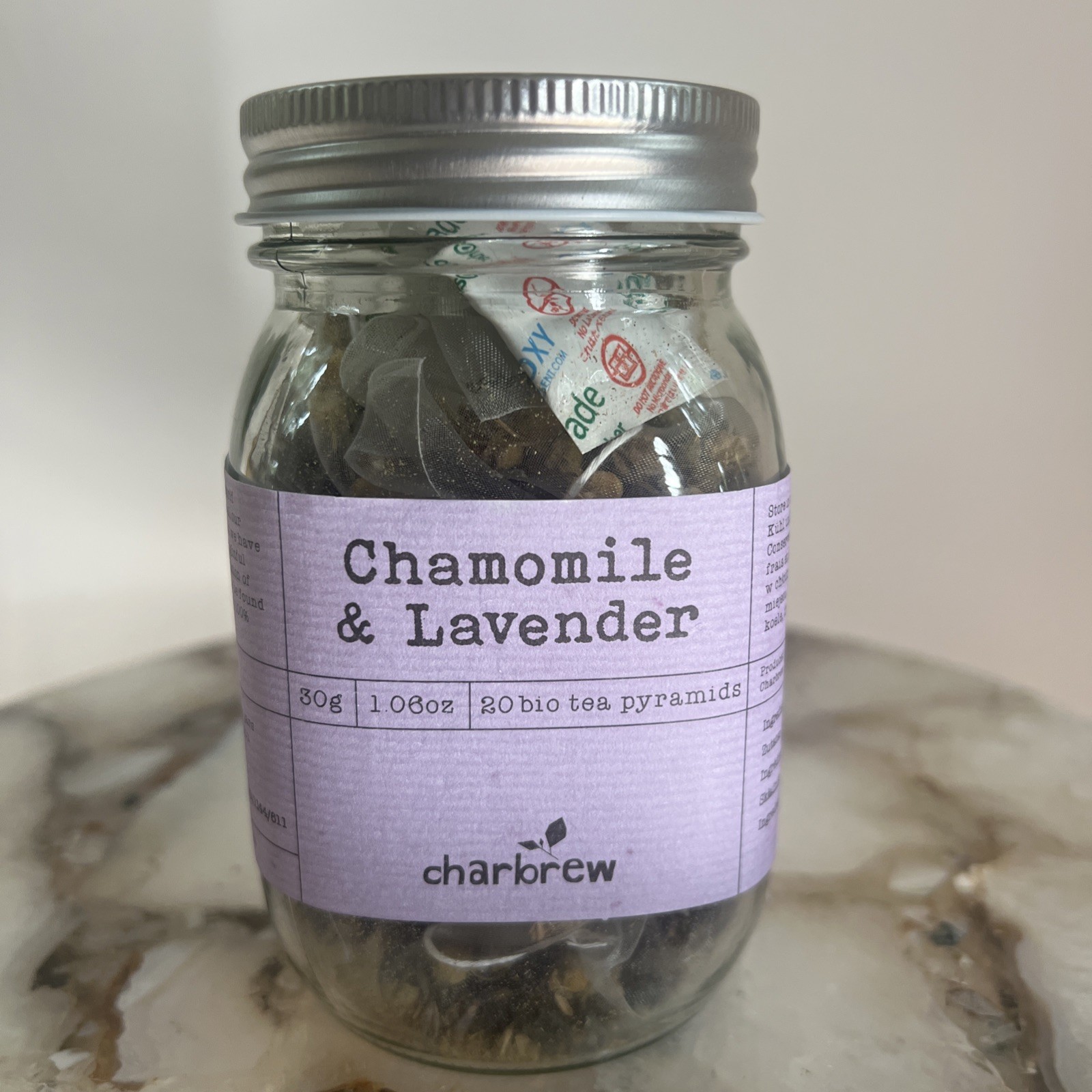 Charbrew Chamomile Lavender Herbal Tea 20 Bio Pyramids Glass Mason Jar 30g 10/27