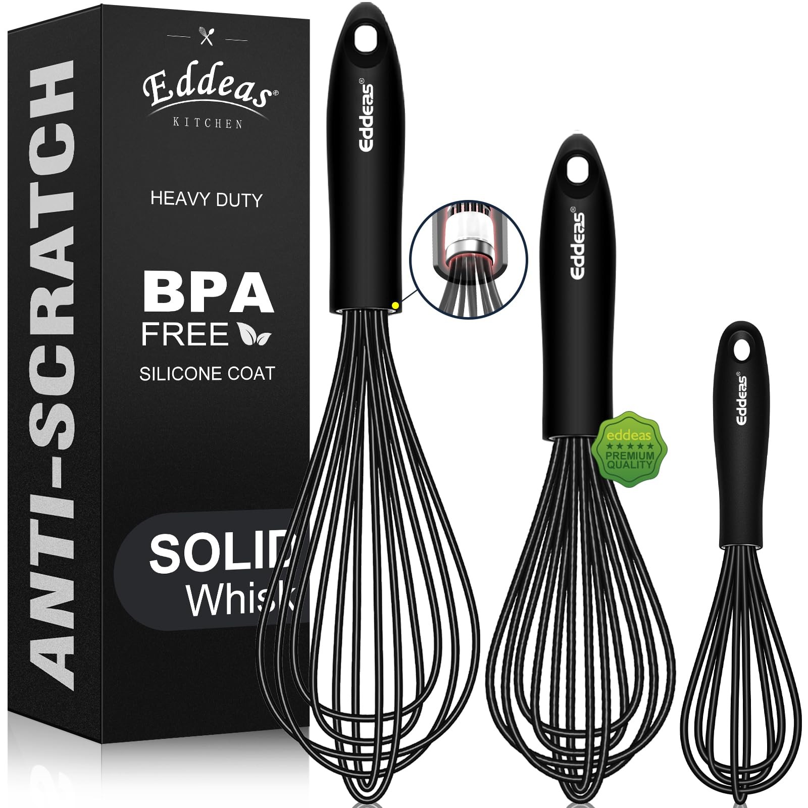 Whisks For Cooking – 500 °F Heat Resistant Silicone 7+9+11 inch, Black 3Pcs