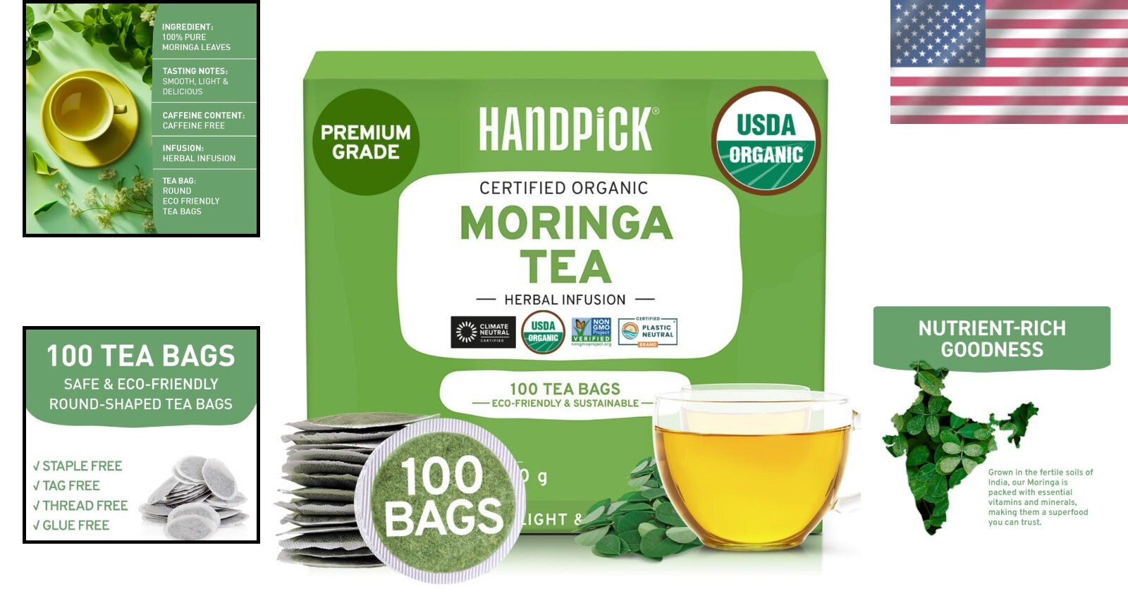 Eco-Friendly Organic Moringa Tea Bags – 100 Count Non-GMO for Healthy Living