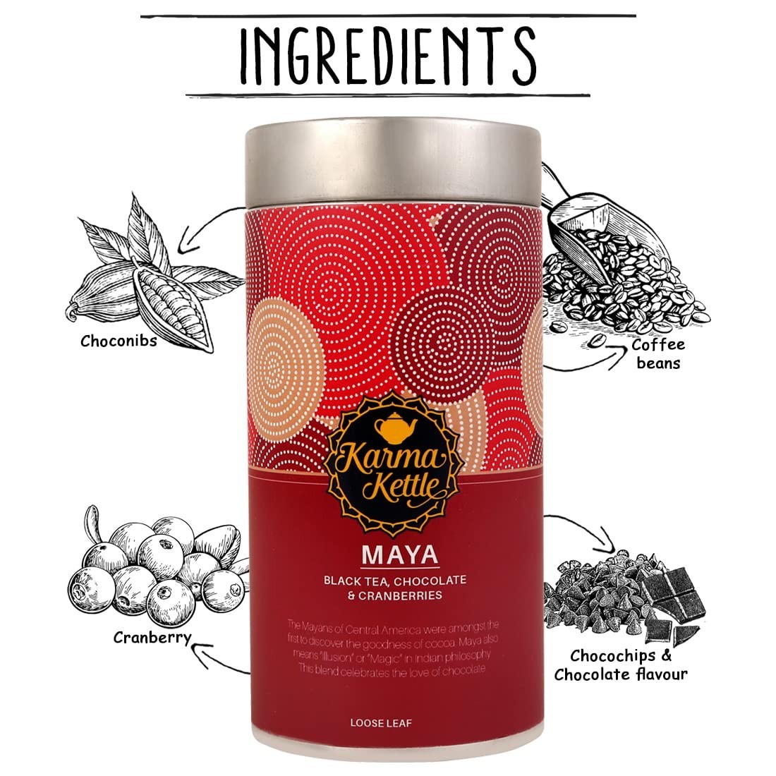 Karma Kettle Maya Chocolate Tea with Assam Black Tea, Choco chips, Coffee Beans,