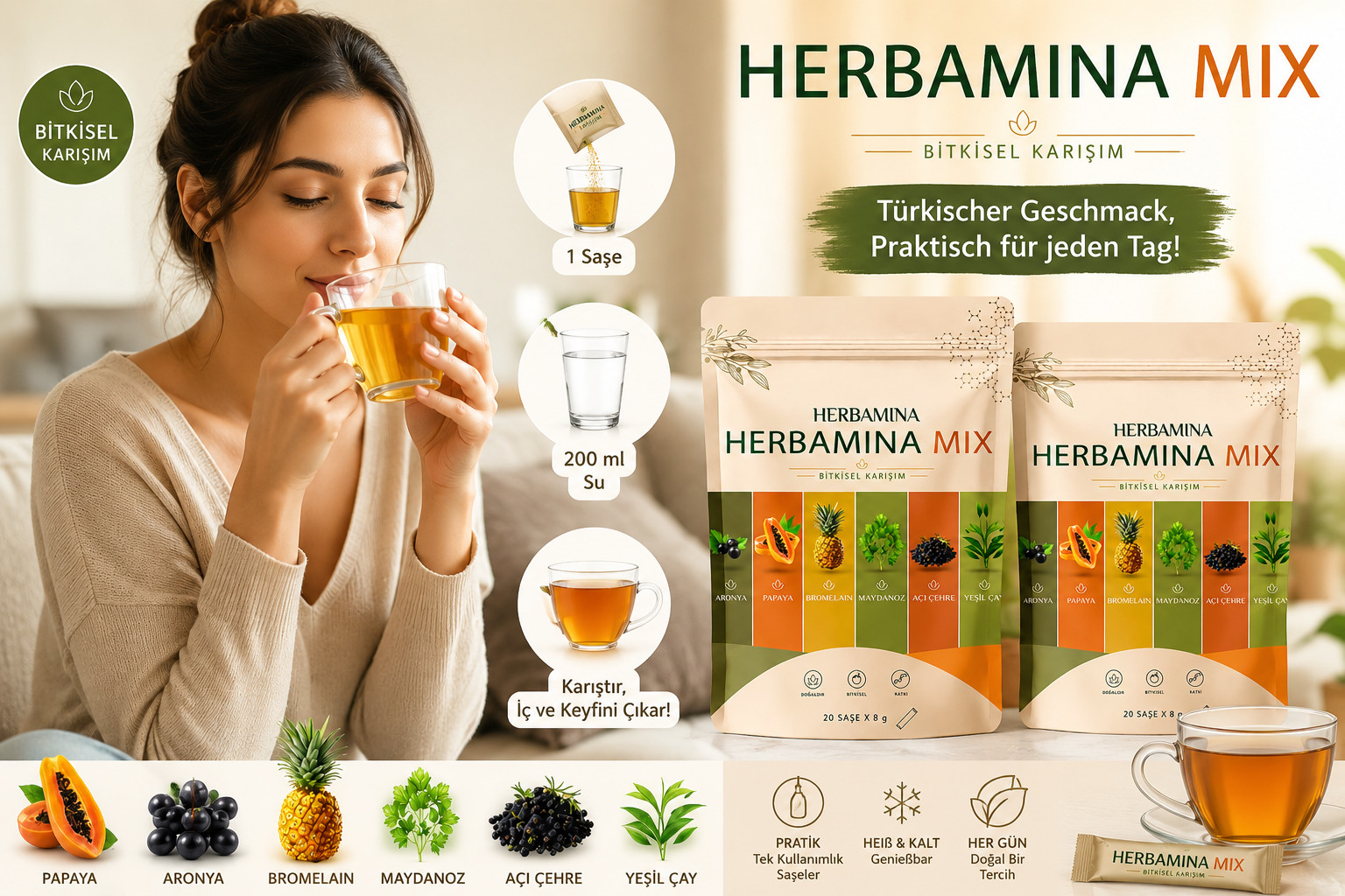 Herbamina Mix Herbal Tea Drink Powder with Papaya, Pineapple & Green Tea – 20pcs
