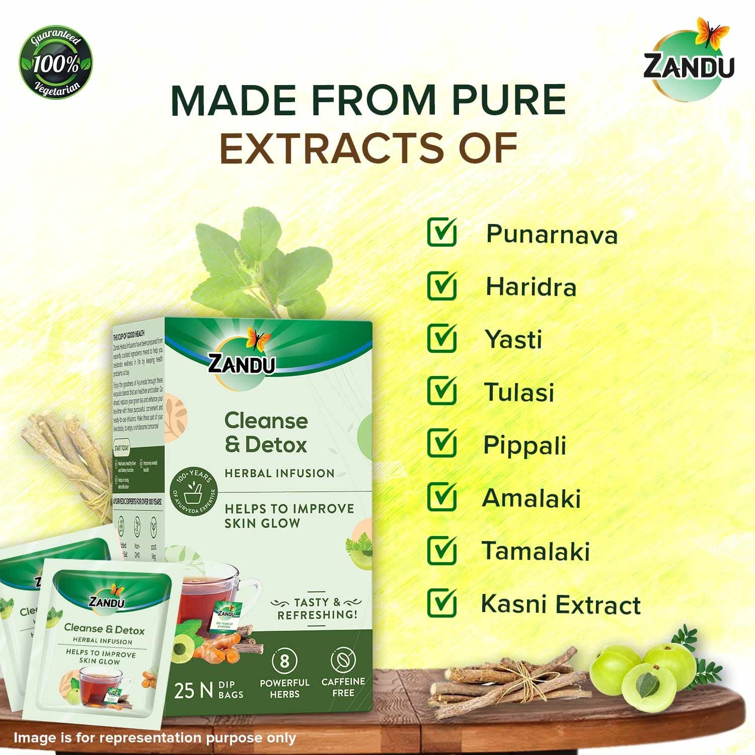 Zandu Cleanse Detox Herbal Green Tea 25 Bags | Skin Glow & Body Detox, 90g