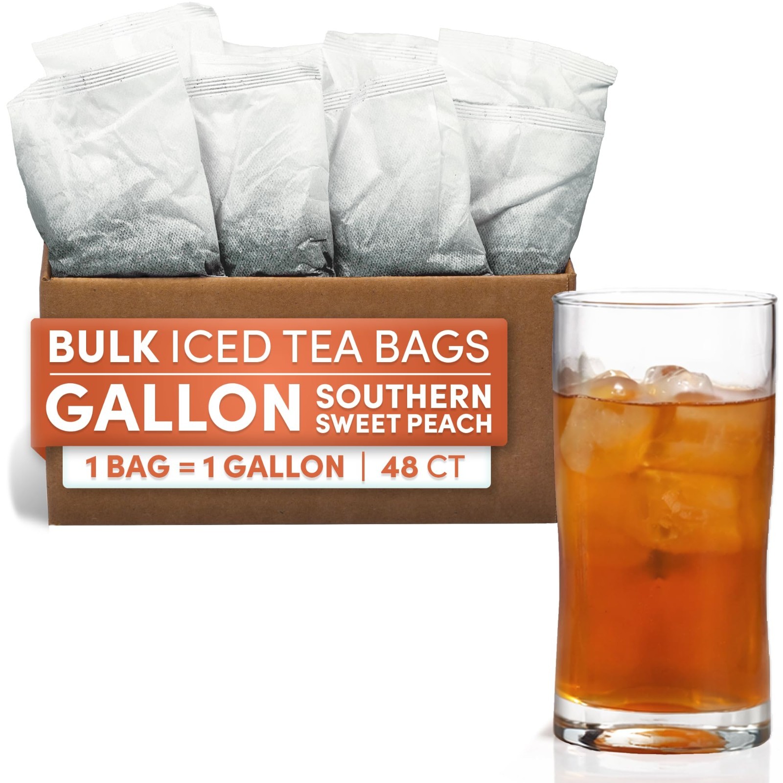 Peach Flavored Iced Tea Bags – Quick Brew Southern Style, 48 Gallons, 1 oz Packs