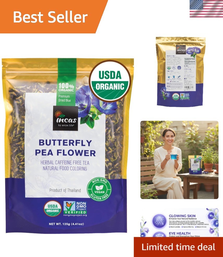 USDA Organic Dried Butterfly Pea Flower 4.41 oz – Superfood Rich in Antioxidants