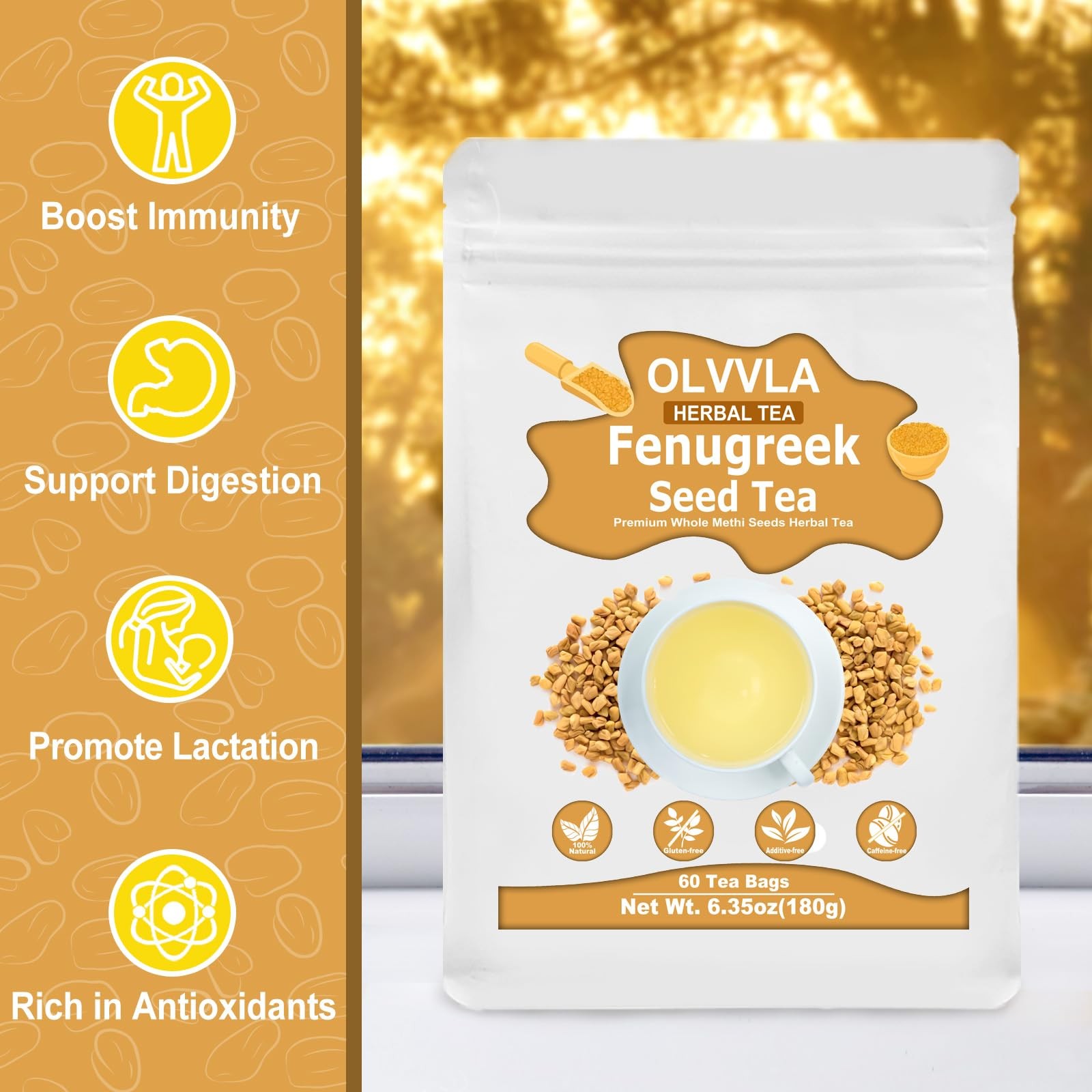 Premium Fenugreek Seed Tea Bags – 3g X 60 Count – 60 (6.35 oz)