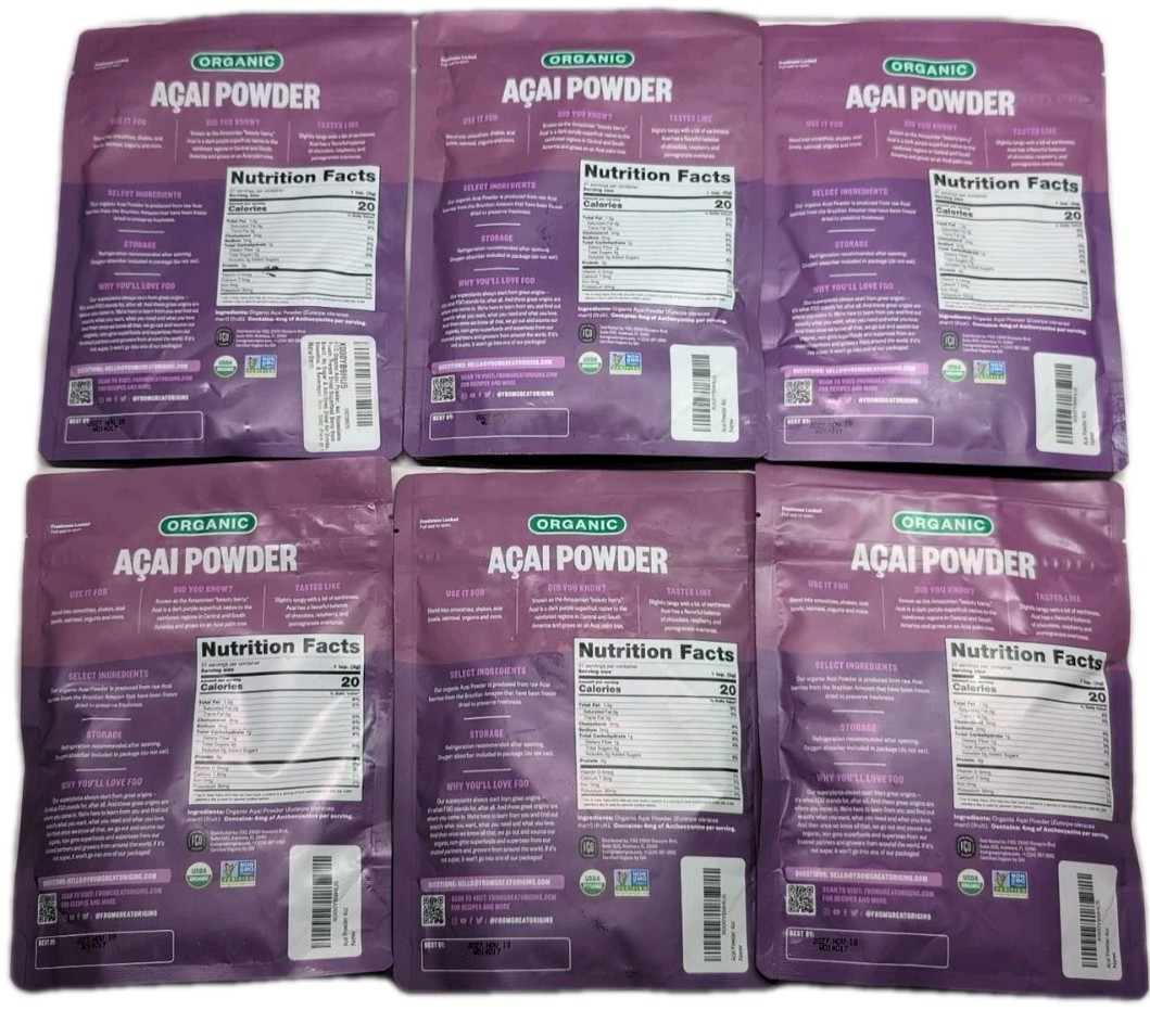6 bags From Great Origins Organic Acai powder 4.oz Ea From Brazil 11/18/27 = 1lb