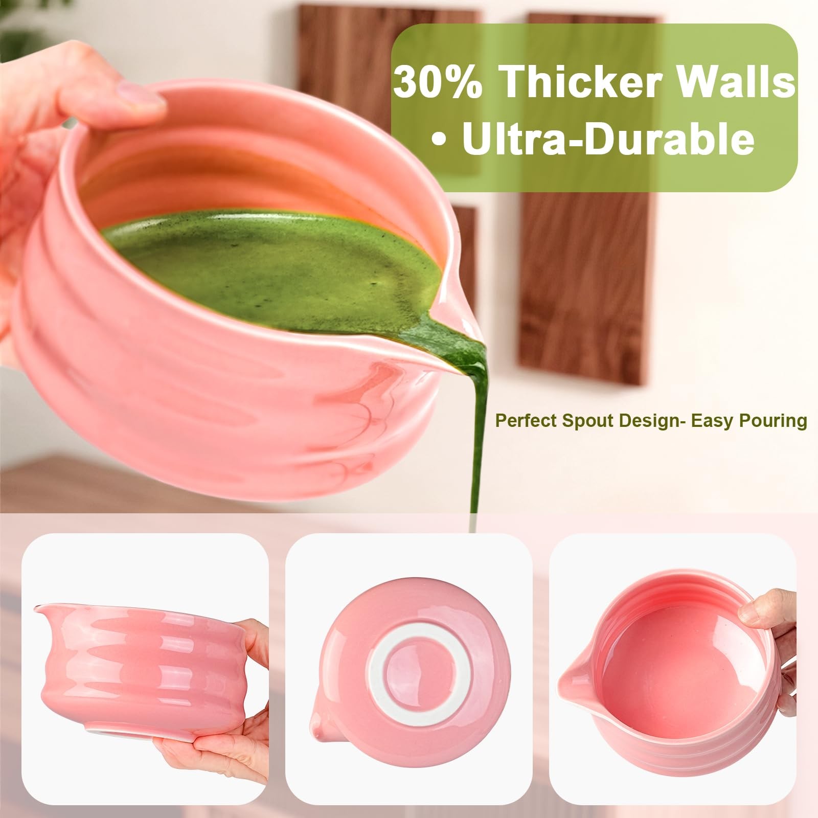 Matcha Set 7Pcs with 18oz Pink Glaze Bowl, Bamboo Whisk & Sifter – Elegant Tea