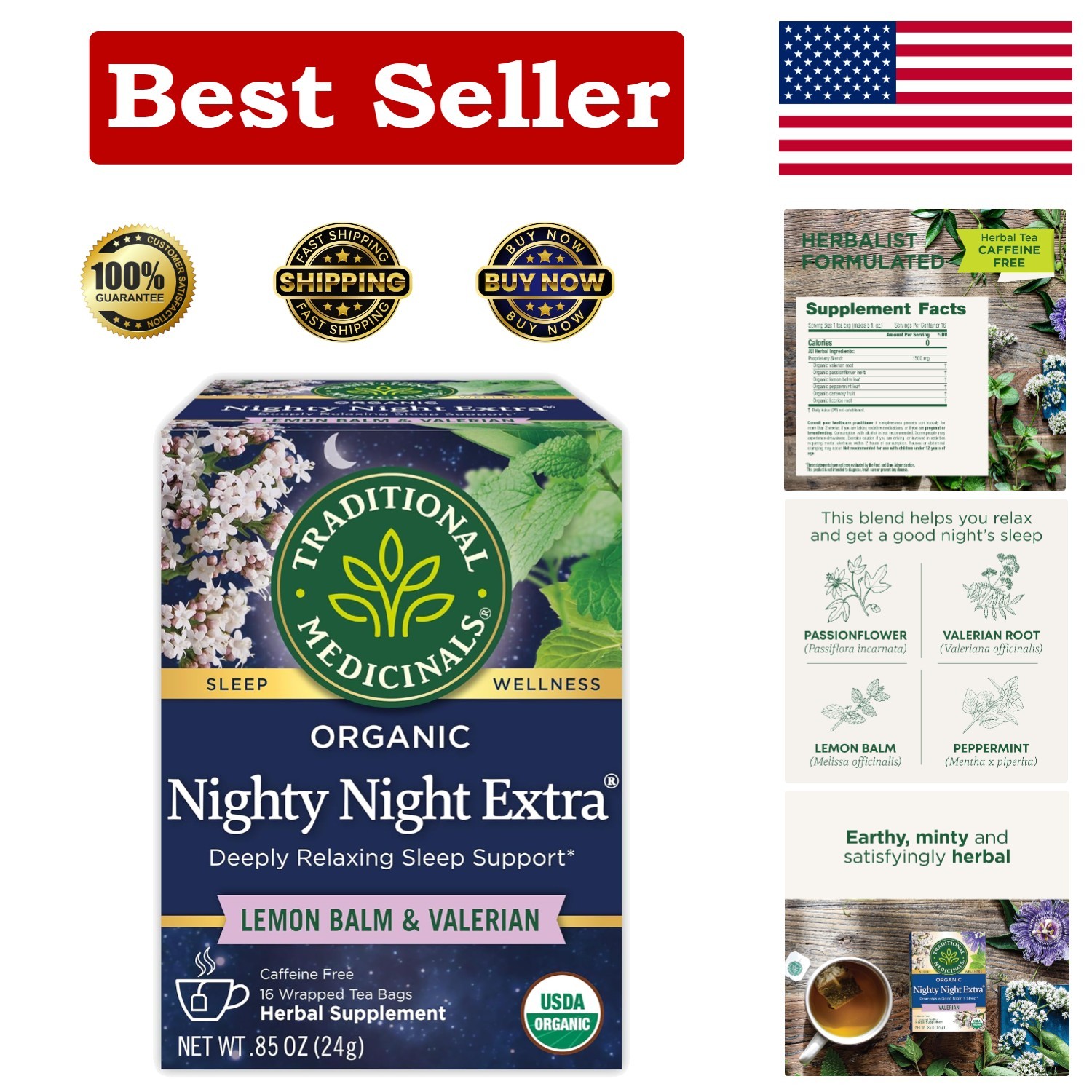 Organic Nighty Night Extra Tea with Valerian Root – 16 Bags for Relaxation
