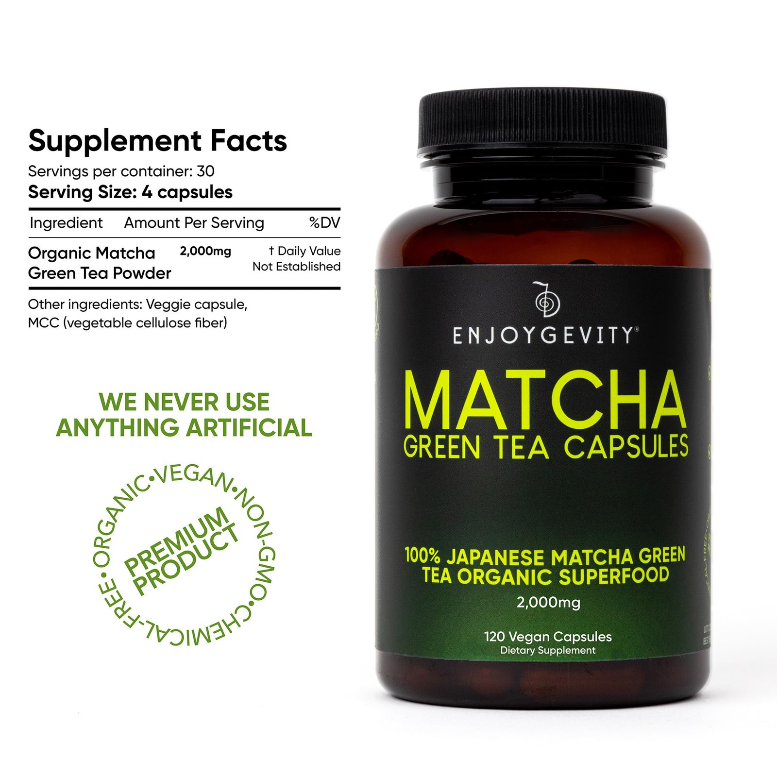 Organic Matcha Green Tea Capsules – Natural Energy 120 Count (Pack of 1)